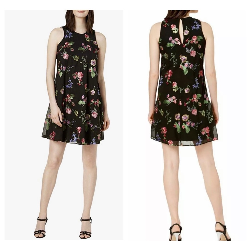 CALVIN KLEIN Women's Petite Floral Embroidered Sheer Overlay Shift Dress 4.